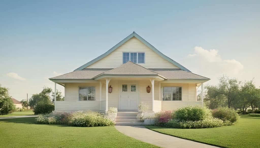 Cozy Ranch House - Ranch Style Homes USA A charming, well-maintained suburban house with a lush green lawn and mature trees under a warm, inviting sky, evoking feelings of home and tranquility.