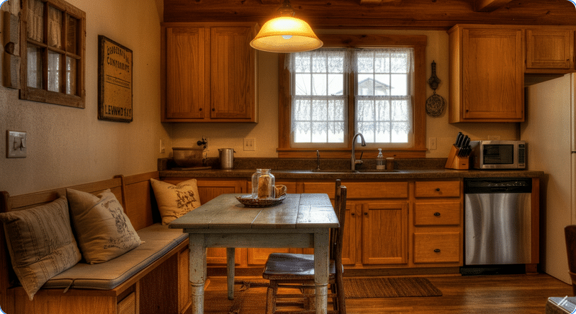 Cozy Ranch Kitchen - Ranch Style Homes USA The image depicts a cozy ranch kitchen featuring natural wood accents and a farmhouse-style table, inviting a warm and welcoming atmosphere. Soft cushions on the breakfast nook bench and a vintage sign add character, while earthy tones create a calm and inviting space for meal preparation.