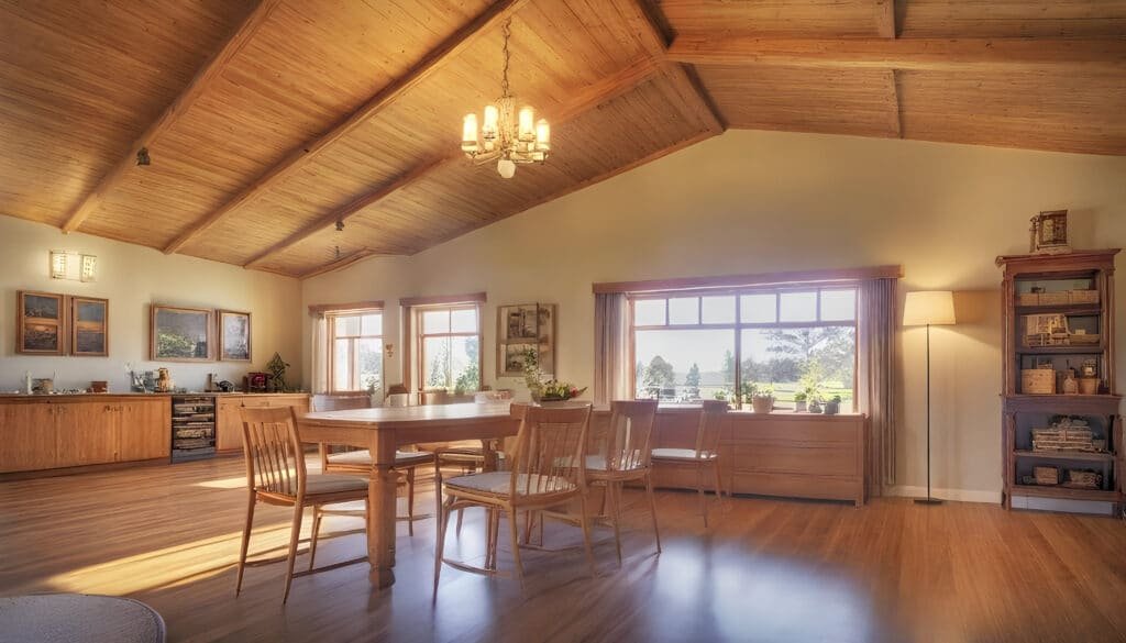 The interior view of a craftsman bungalow showcases an open floor plan featuring built-in furniture crafted from natural materials, with exposed rafters and a warm, inviting atmosphere. The design reflects the characteristics of the arts and crafts movement, emphasizing handcrafted details and a seamless flow of space.