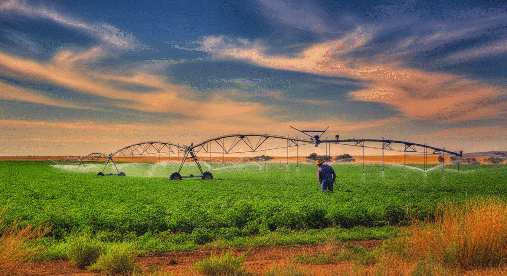 Photograph of a farmer inspecting a lush green field irrigated by a pivot system under a dramatic sunset sky, symbolizing hard work, growth, and sustainable agriculture.