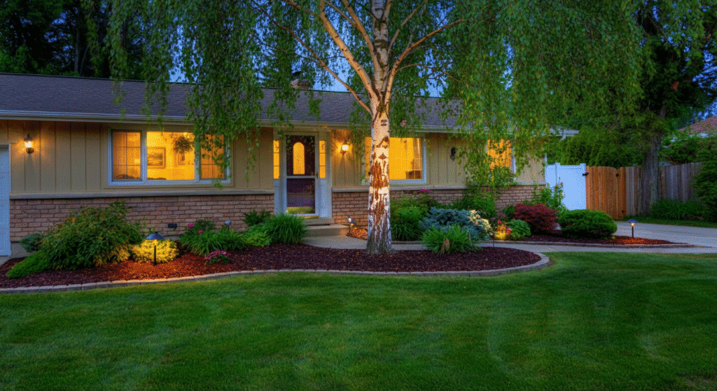 Photograph of a charming single-story suburban home at dusk, featuring warm interior and landscape lighting, lush green lawn, and well-maintained landscaping.