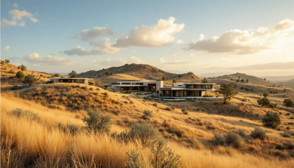 Custom Homes - Ranch Style Homes USA The image depicts a picturesque western landscape featuring custom homes nestled among rolling hills, showcasing a variety of architectural styles that cater to family lifestyles. These quality western homes invite individuals to explore their dream living options in a serene and comfortable environment.