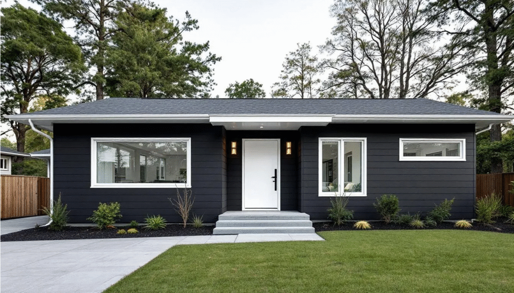 Dark Gray Ranch - Ranch Style Homes USA The image features a dark gray ranch house with white trim, showcasing clean lines and modern curb appeal. The home's exterior includes natural wood accents, a welcoming front porch with columns, and a brick walkway that enhances its classic look.