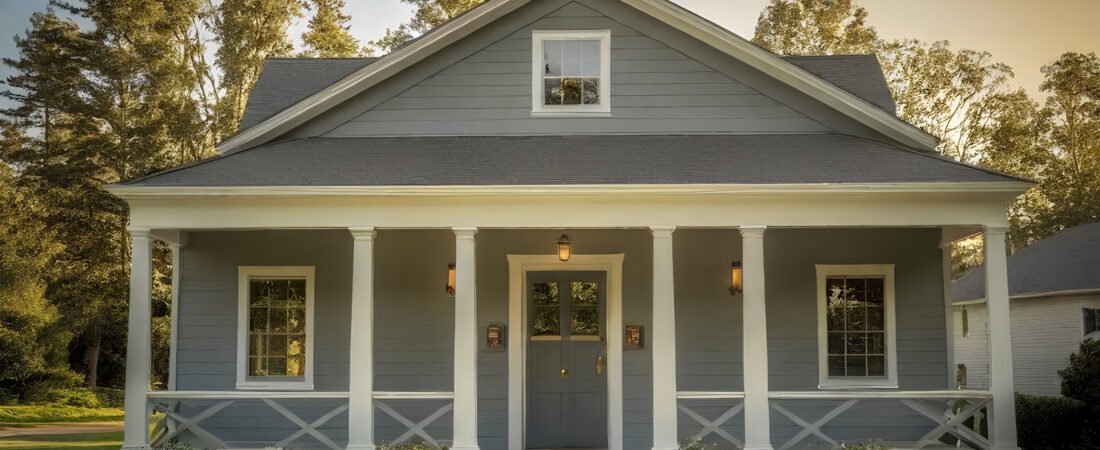 Dark Gray Ranch House with White Trim - Ranch Style Homes USA A dark gray ranch-style house with crisp white trim, captured in a high dynamic range photograph with warm sunlight and subtle shadow details.