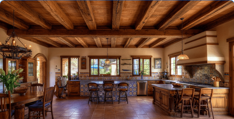 Photograph of a spacious, warm, and inviting Mediterranean-style kitchen and dining area, featuring rich wooden beams, terracotta tiles, and vibrant decorative accents.
