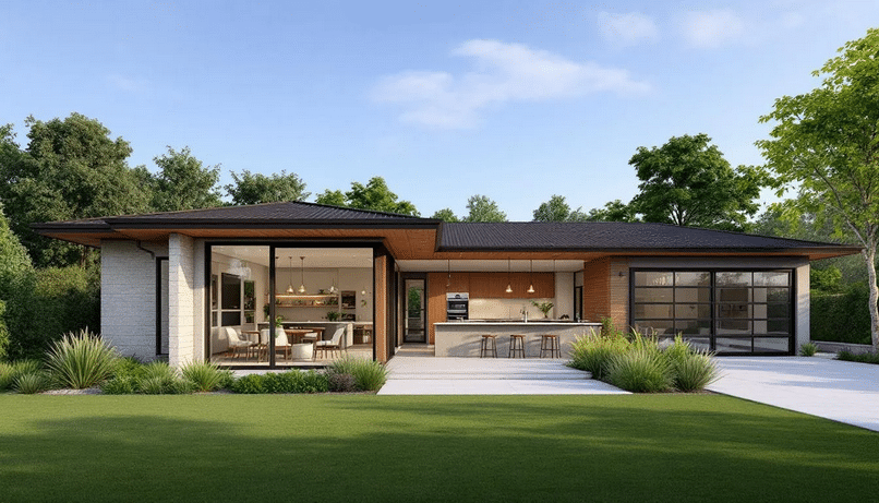 This image showcases a beautifully designed rambler house plan, featuring an open floor layout that connects the living room, dining area, and kitchen, creating a spacious and inviting atmosphere. Large windows and sliding glass doors lead to a patio, allowing natural light to flood the interior and seamlessly blend indoor and outdoor living spaces.