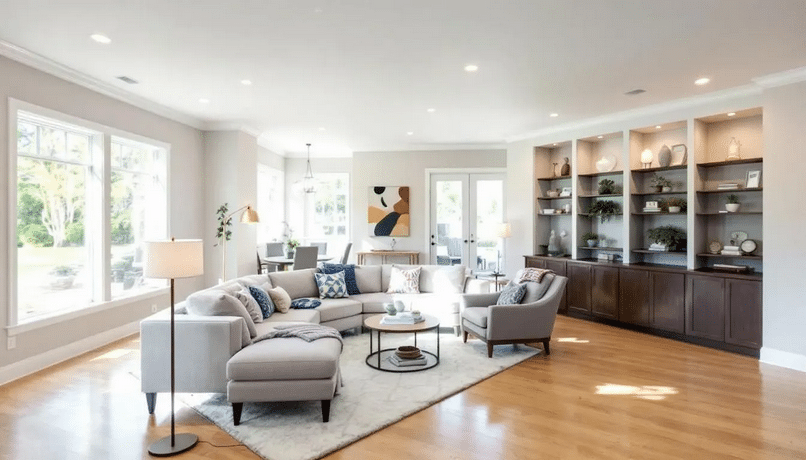 Designing - Ranch Style Homes USA The image depicts a beautifully arranged raised ranch living room featuring a cozy sofa adorned with colorful pillows, a stylish coffee table, and layered lighting from strategically placed floor and table lamps. Natural light flows in through a large bay window, enhancing the space's openness, while built-in shelves provide clever storage solutions, keeping the floor space clear and inviting.