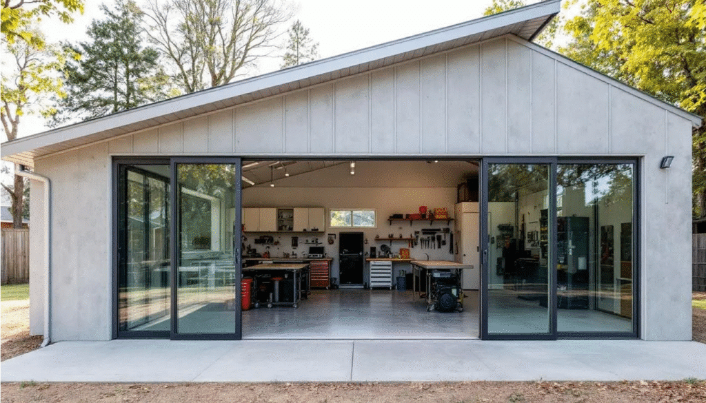 This image features a detached garage designed with a workshop space, showcasing large windows that allow for ample natural light. The structure complements the ranch style home, providing valuable extra space and enhancing the property's curb appeal.