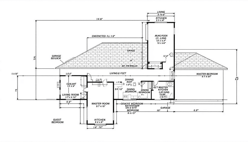 The image features a detailed floor plan drawing of a single-story ranch layout, showcasing labeled rooms and their dimensions, ideal for those envisioning their dream log home. This layout emphasizes spacious living areas and functional design, perfect for family gatherings and entertaining.