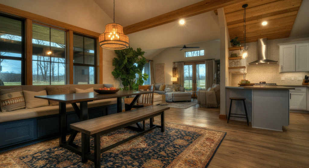 Photograph of a warm and inviting open-concept home interior featuring a rustic dining area, cozy living room, and modern kitchen, emphasizing comfort and natural elegance.