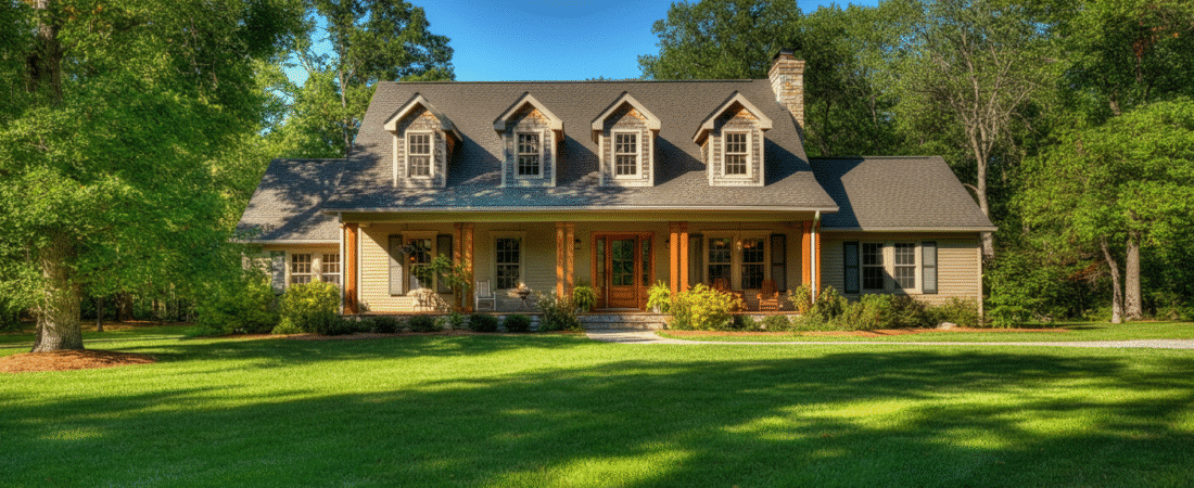Photograph of a charming, traditional-style house with a large green lawn and lush trees under a clear blue sky, evoking a sense of peaceful, idyllic living.