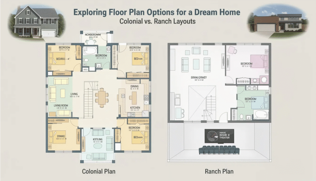 The image depicts a traditional colonial house with a two-story layout, featuring all bedrooms located on the second floor, creating a distinct separation from the living spaces below. The exterior showcases classic architectural elements, emphasizing the charm and functionality of the colonial ranch style, suitable for family living.