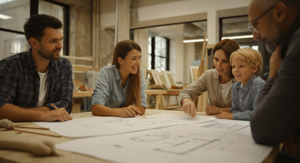 A happy family is gathered around a table in a design studio, reviewing building plans with a construction professional. They are excitedly discussing their vision for a custom-tailored bungalow style home that reflects their unique lifestyle and needs.