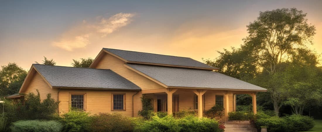 Farmhouse Architecture - Ranch Style Homes USA A modern farmhouse with rustic wooden accents and a metal roof, set amidst lush greenery, captured in a warm, golden-hour HDR photograph with dramatic sky