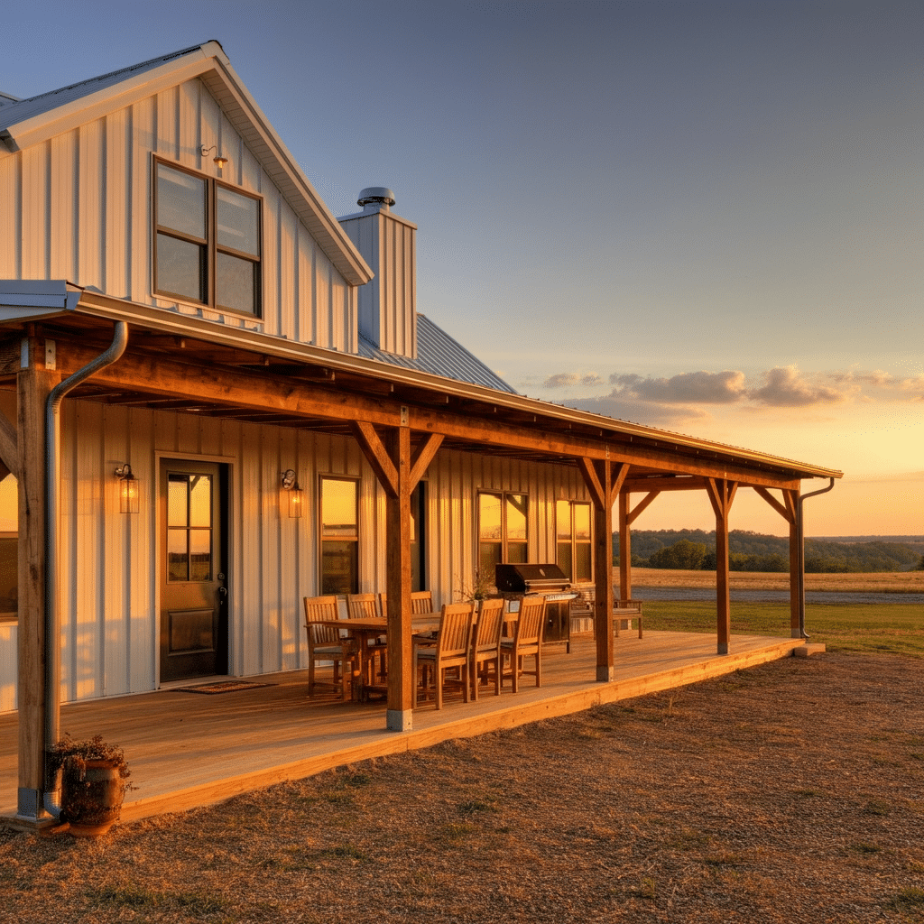 Photograph of a modern farmhouse with a large wooden porch bathed in golden hour light, set against a serene rural landscape, evoking tranquility and aspirational living.
