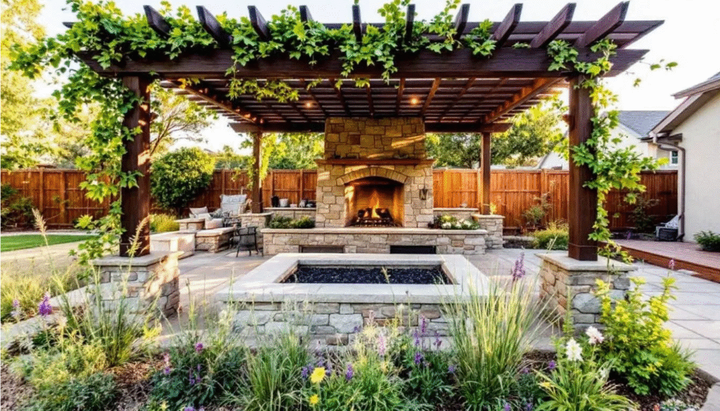 Fireplace - Ranch Style Homes USA The image features a natural stone patio adorned with a cozy outdoor fireplace and a wooden pergola, all surrounded by a variety of native plants, creating a rustic charm that invites relaxation and connection with nature. The combination of natural materials and earthy tones enhances the inviting atmosphere of this rustic style home.