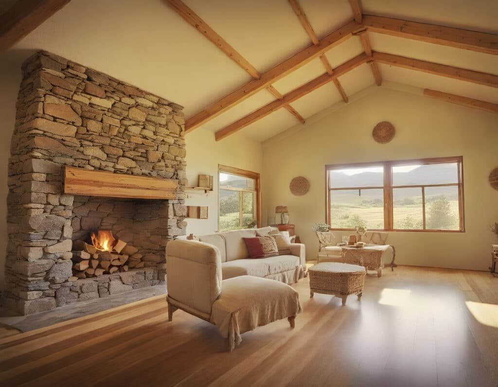 Fireplace - Ranch Style Homes USA The image showcases a cozy ranch-style interior featuring a stone fireplace, warm wood accents, and earthy tones inspired by nature. Elements like woven textiles and rustic decor ideas create an inviting atmosphere, reflecting the rich ranch aesthetic and connection to the outdoors.