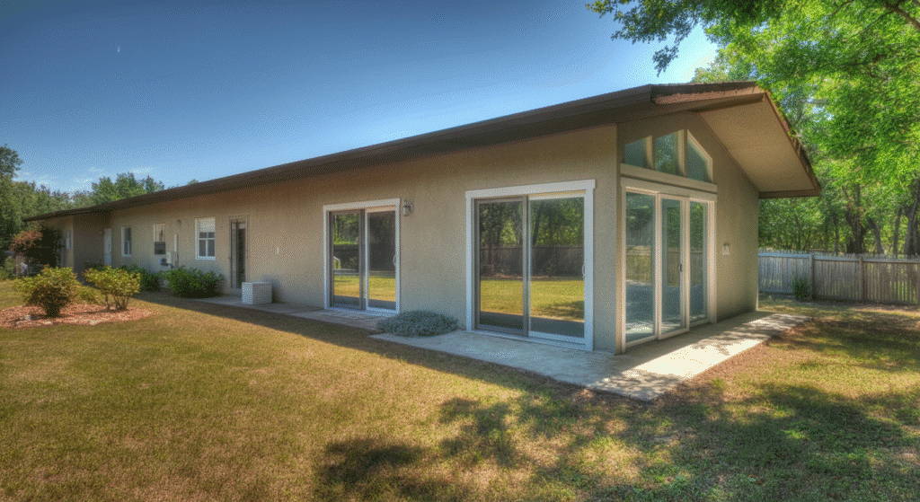 Photograph of a modern single-story house with a large green lawn, surrounded by lush trees under a clear blue sky, suggesting a serene and spacious living environment.