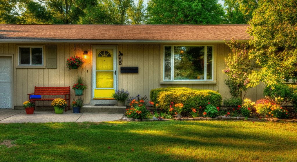Photograph of a charming, well-maintained suburban home with a vibrant yellow door and lush, colorful garden, bathed in warm, golden hour sunlight, evoking a sense of welcome and comfort.