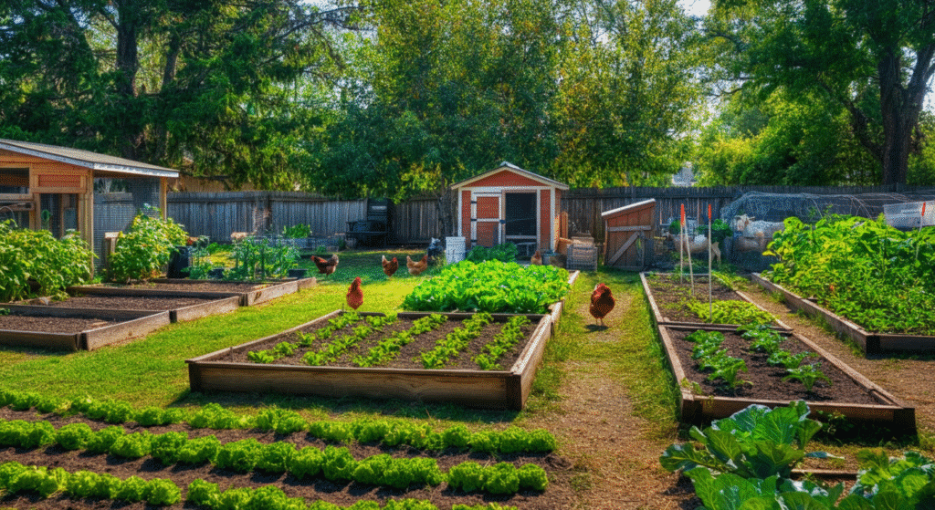 Photograph of a vibrant, well-maintained backyard garden with raised beds, lush green crops, and free-roaming chickens, evoking a sense of natural living and self-sufficiency.