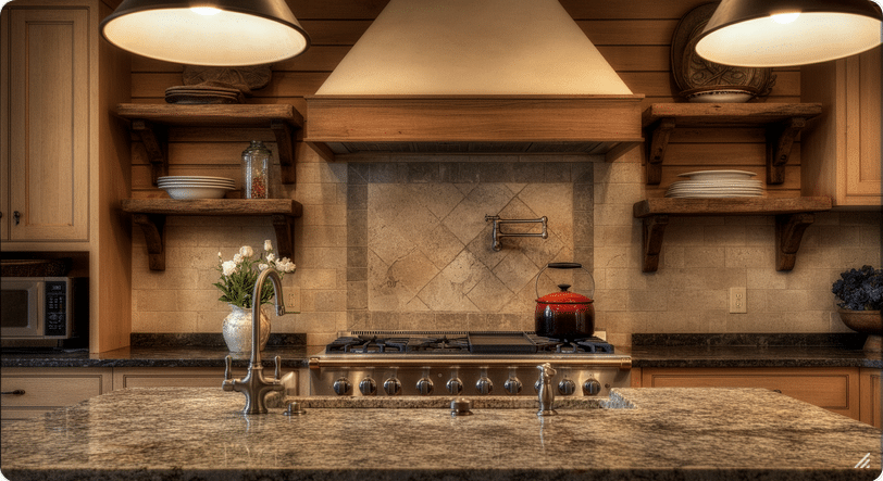 Granite Ranch - Ranch Style Homes USA Photograph of a luxurious, well-appointed kitchen featuring a professional-grade gas range, granite countertops, and warm wooden cabinetry, evoking comfort and aspiration.