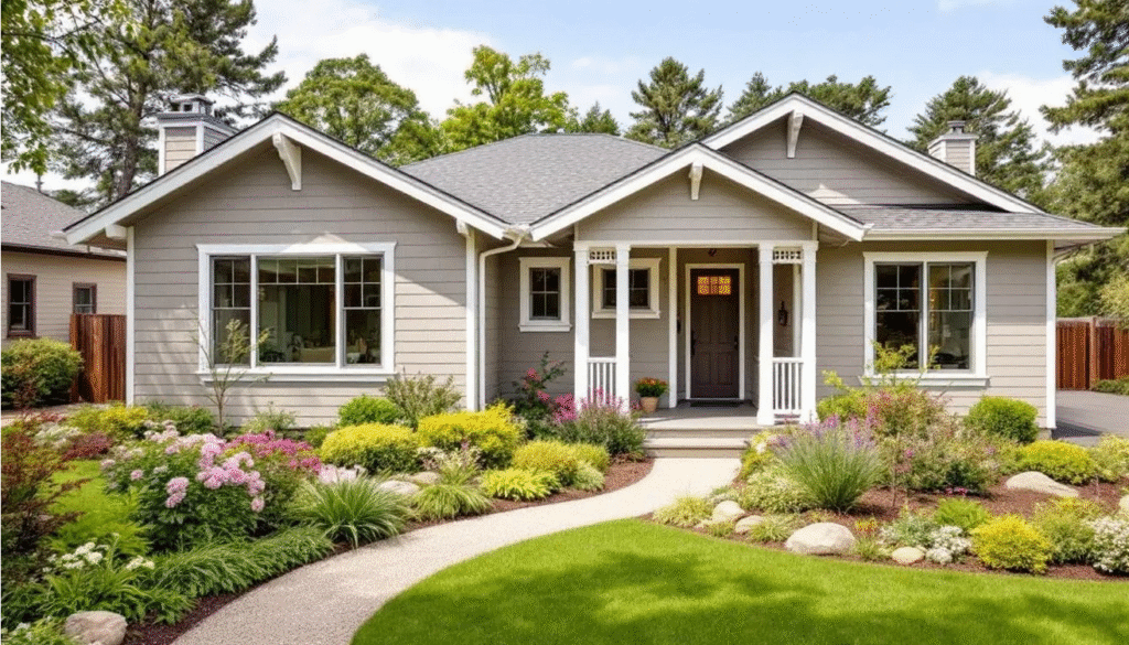 Gray Ranch - Ranch Style Homes USA The image features a traditional ranch house with dark gray paint and white trim, showcasing a curved brick walkway leading to the front entrance. The home's exterior is complemented by cottage-style landscaping, adding warmth and curb appeal to the classic design.