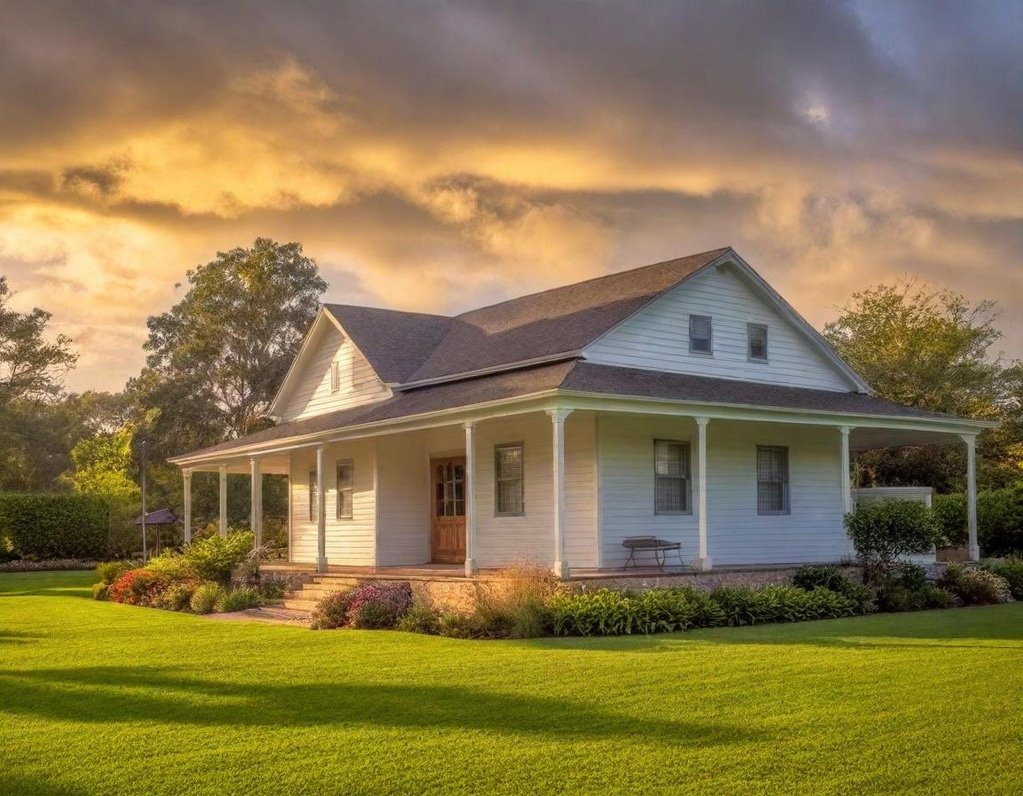 Great Ranch Home - Ranch Style Homes USA A cozy, rustic ranch home with a wraparound porch, surrounded by lush greenery and vibrant wildflowers, under a warm, golden-hour sunlight with soft, white clouds