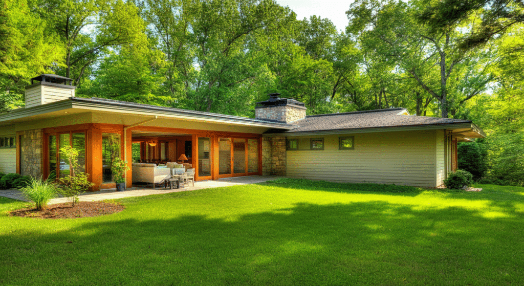 The image depicts a prairie ranch house characterized by its clean lines and wide roof overhangs, harmonizing beautifully with the surrounding landscape. The open floor plan is visible through large windows, creating a seamless flow between the kitchen and living areas, emphasizing the connection between family life and nature.