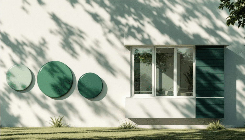 The image showcases a stunning ranch house with a green exterior, complemented by contrasting white trim and a welcoming front door. Surrounded by trees, the house's design highlights the beauty of various shades of green, enhancing its curb appeal and blending harmoniously with its natural surroundings.