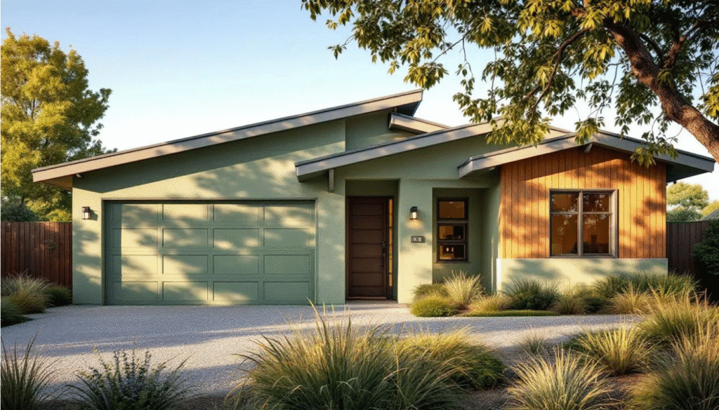 The image showcases a stunning ranch house painted in a deep hunter green, complemented by black trim and a vibrant front door, creating a bold and sophisticated curb appeal. The natural wood accents and surrounding trees enhance the home's exterior, offering a harmonious blend with its woodland-inspired design.