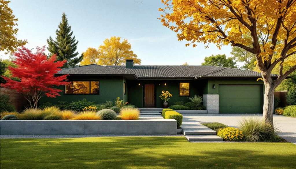 The image showcases a beautifully landscaped front yard of a green ranch house, featuring a variety of plants that complement the home's green exterior paint. Lush greenery, colorful flower beds, and structured hedges create a stunning curb appeal, enhancing the overall design and inviting warmth to the home's exterior.