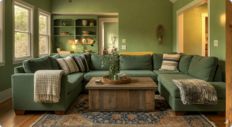 Photograph of a cozy, rustic living room featuring a large green sectional sofa, a wooden coffee table, and shelves, evoking comfort and natural tranquility.
