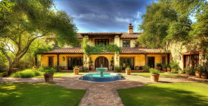 Photograph of a luxurious Mediterranean-style villa with a vibrant green lawn, mature trees, and a central turquoise fountain, evoking tranquility and aspirational living.
