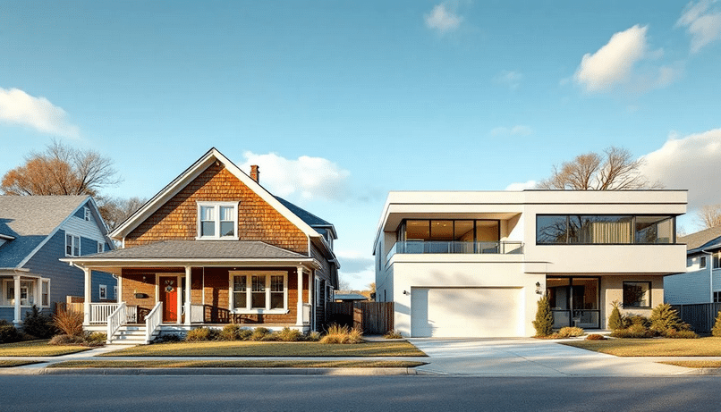 The image depicts two homes side by side: a traditional bungalow style home featuring a welcoming front porch, and a ranch style house characterized by its horizontal lines and single-story design. Both residences showcase distinct architectural styles that highlight their unique charm and functionality.