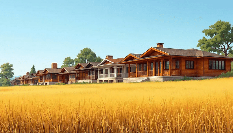 The image depicts a stunning example of prairie style architecture, showcasing a low, horizontal house designed by Frank Lloyd Wright. With its overhanging eaves, large windows, and seamless integration into the natural landscape, this prairie house embodies the simplicity and craftsmanship of early 20th-century American architecture.