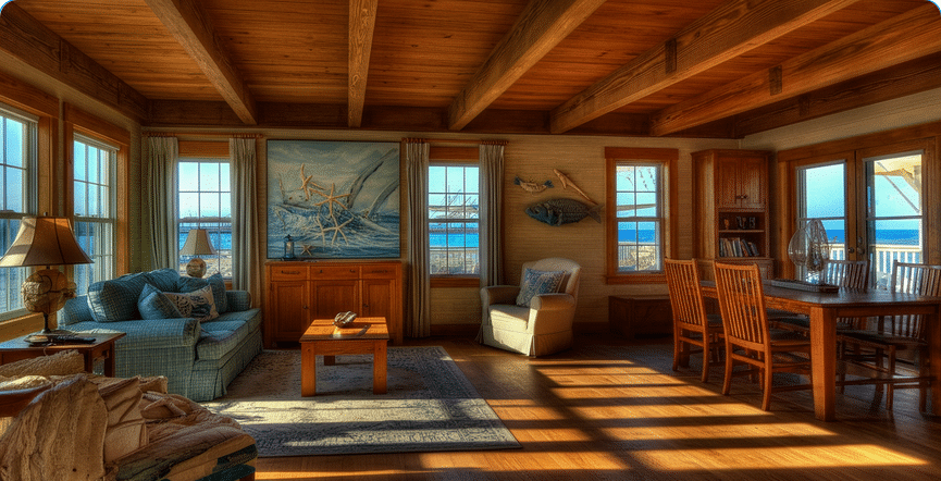 Photograph of a sunlit, inviting coastal-themed living and dining room with warm wooden accents and expansive ocean views, evoking relaxation and comfort.