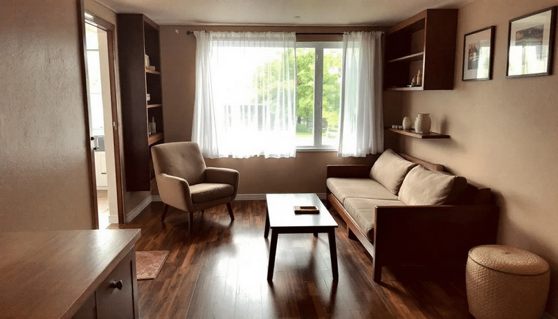 The image depicts the interior of a cozy bungalow-style home, showcasing its compact living space with built-in features, large windows, and an open concept design that maximizes the floor plan. This single-story residence emphasizes comfort and functionality, making it ideal for smaller families or individuals.