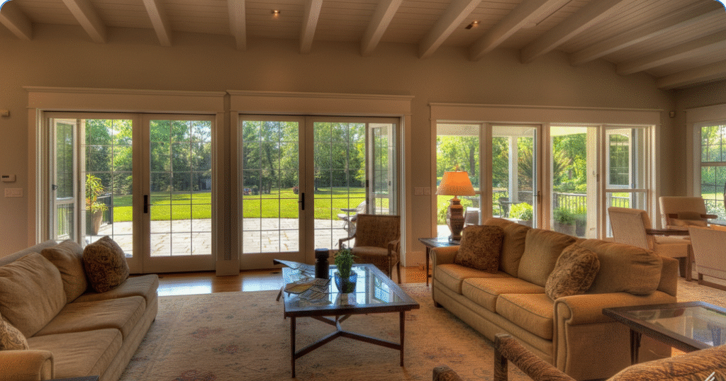 Interior View - Ranch Style Homes USA The image features an interior view of a ranch home living room, showcasing casement windows that allow natural light to stream in, illuminating the spacious area. The design emphasizes clean lines and a connection to the outdoors, typical of ranch style homes.