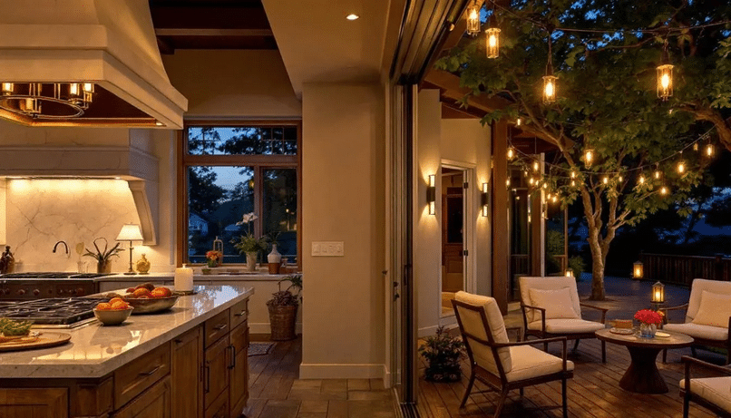 The image showcases a beautifully designed Texas ranch house interior, featuring a warm and inviting kitchen with a custom plaster hood and a striking chandelier. The great room is layered with various lighting fixtures, including table and floor lamps, creating a cozy atmosphere perfect for family gatherings, while elegant sconces in the primary bathroom enhance the luxurious feel of the space.