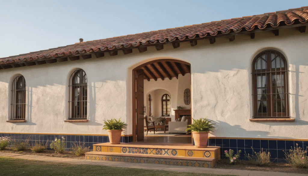 The image showcases a charming Spanish-style house featuring a smooth stucco exterior and thick walls, designed to keep the interior cool in warm climates. Arched windows and doorways add elegance, while exposed wood beams and a low-pitched tile roof enhance the rustic appeal of this beautiful home.