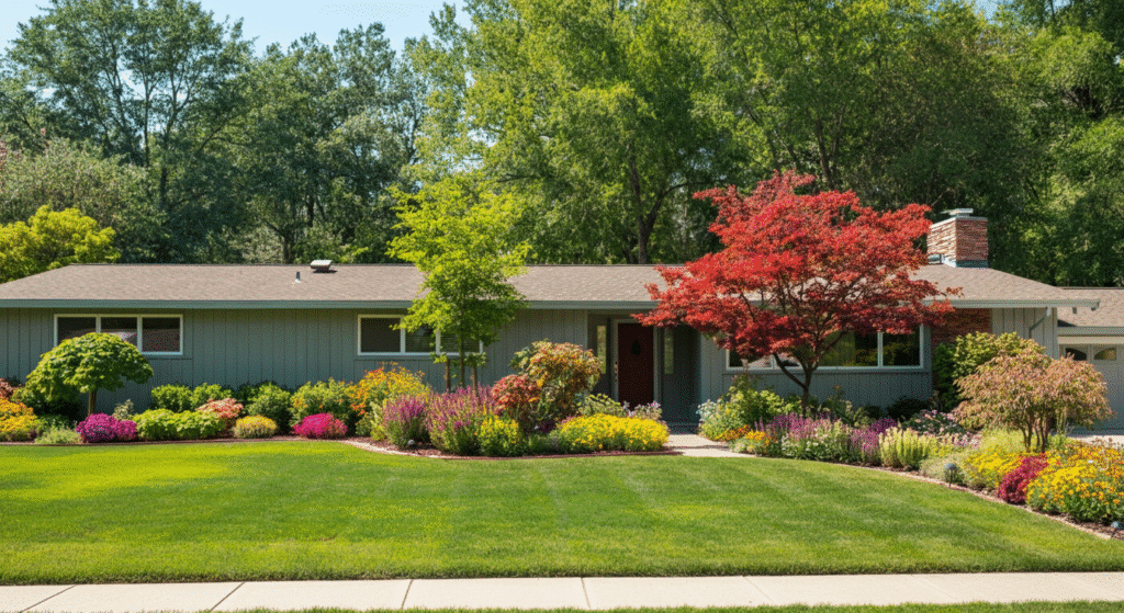 Photograph of a meticulously landscaped single-story home with a vibrant, colorful garden and lush green lawn under a clear blue sky, exuding curb appeal and tranquility.