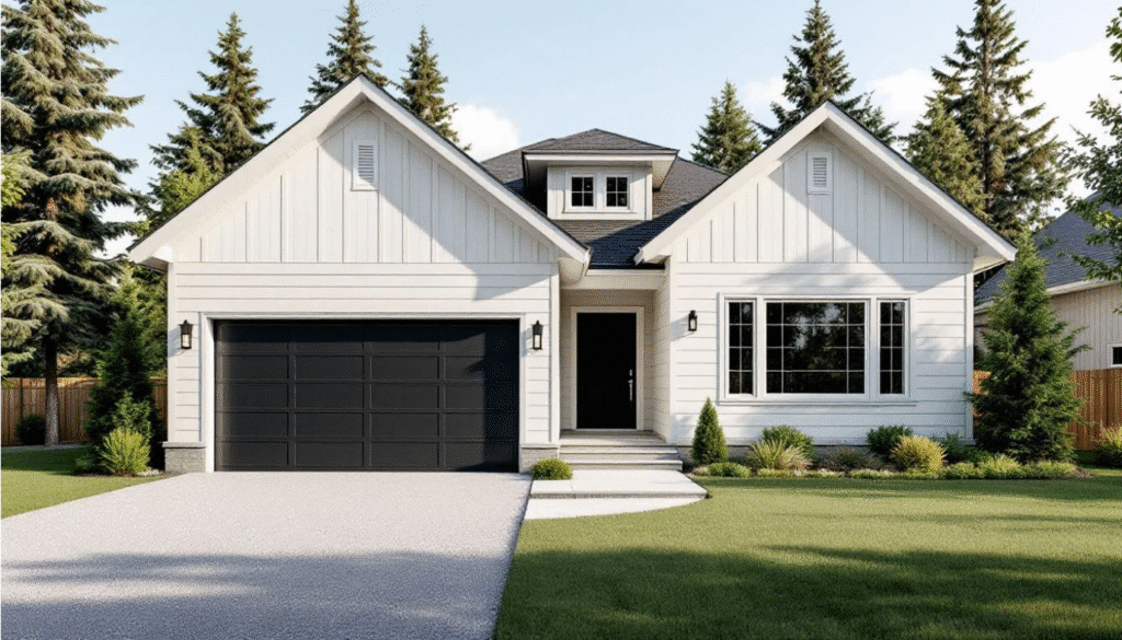 The image showcases a beautifully updated light gray ranch house with modern architectural details, featuring new windows and a refreshed façade that enhances its curb appeal. The landscaping complements the exterior transformation, creating a cohesive and inviting look for the home.