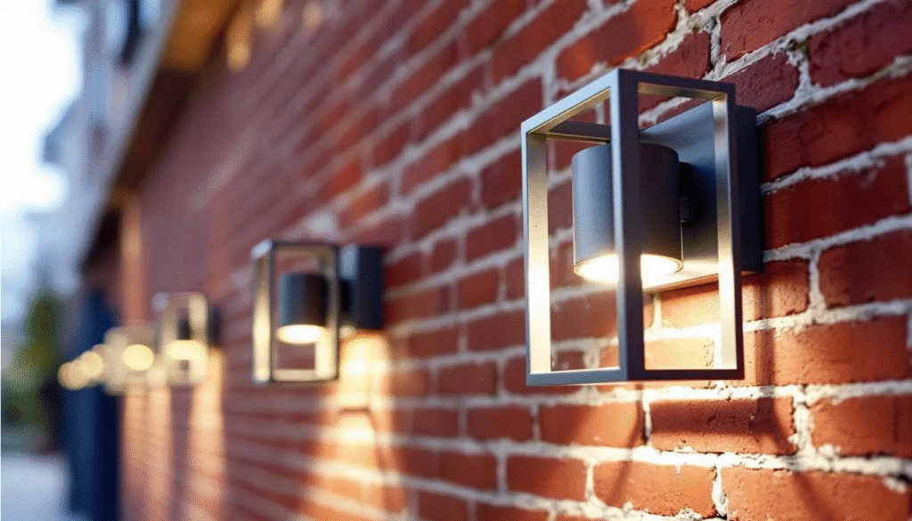 The image features modern outdoor lighting fixtures mounted on the exterior of a red brick ranch house, showcasing a contemporary design that enhances the home's curb appeal. The fixtures illuminate the front porch and entrance, creating an inviting atmosphere.