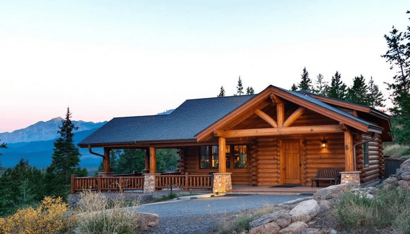 A beautiful log ranch home features a covered front porch and a horizontal profile, nestled against a stunning mountain landscape, embodying the essence of a dream log home. The structure showcases quality log walls and large windows, inviting a lifestyle of comfort and connection with nature.