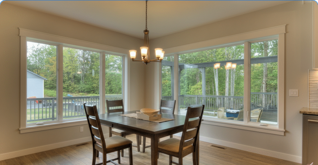 Low E-Glass - Ranch Style Homes USA The image showcases a modern interior view featuring energy-efficient ranch windows with low-E glass, allowing abundant natural light to fill the spacious dining room while ensuring comfort. The sleek design of the double hung windows complements the ranch style home, enhancing its overall aesthetic and energy efficiency.