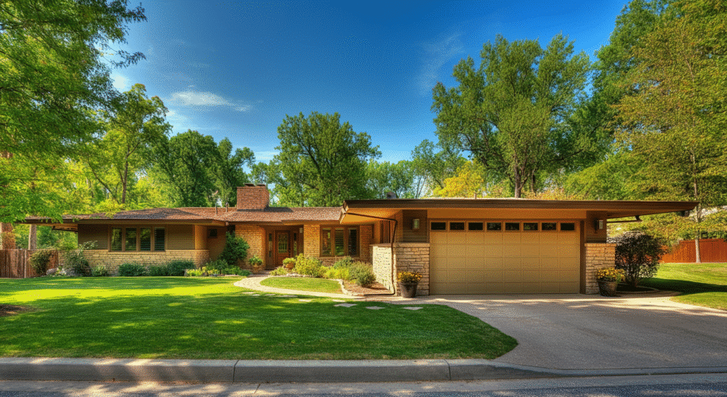 The image showcases a prairie ranch house characterized by its low-pitched roof, wide eaves, and horizontal lines that blend harmoniously with the surrounding landscape. Notable features include an open floor plan, ample outdoor spaces, and a thoughtfully integrated garage, reflecting the essence of prairie style architecture.