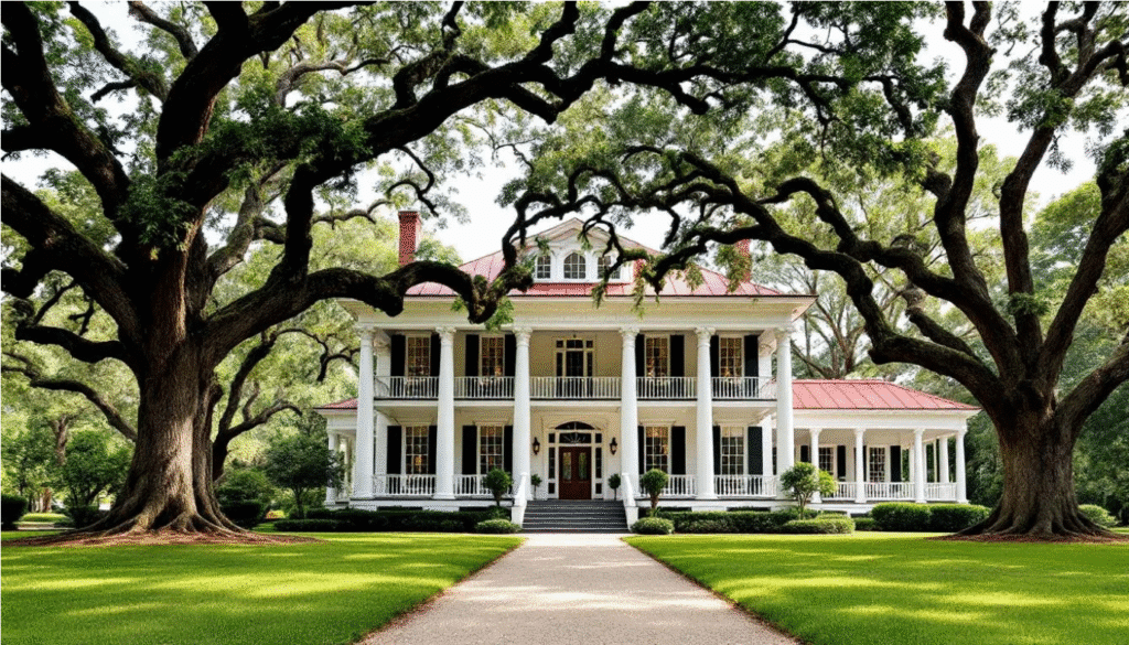 The image depicts a majestic plantation style house featuring tall white columns and a spacious wraparound porch, all set amidst mature oak trees. This southern style home showcases elegant architectural details and offers inviting outdoor living spaces, perfect for entertaining large families.