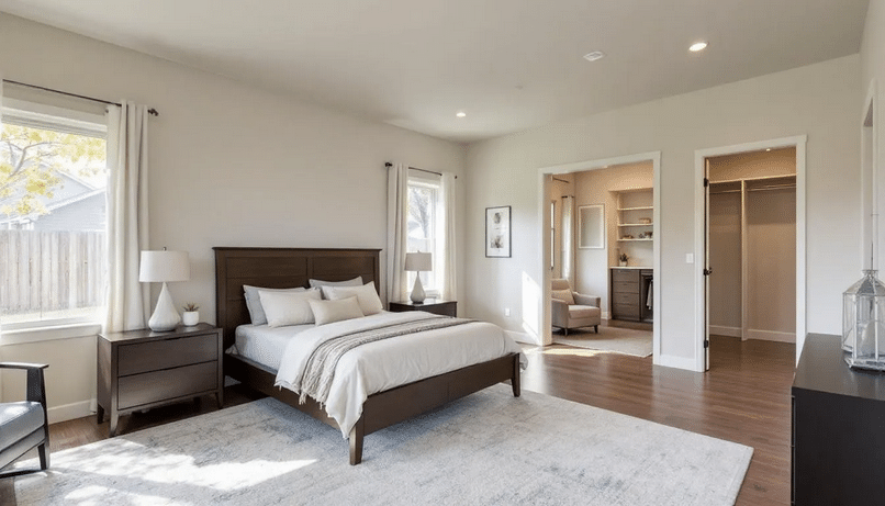The image showcases a cozy master bedroom in a ranch style home, featuring a large area rug under the bed, providing comfort against the hardwood floor. A comfortable chair by the window offers a view of the backyard, enhancing the connection to nature, while the en-suite bathroom adds privacy and a touch of luxury to this inviting retreat.