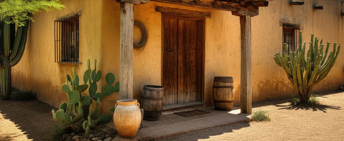 Photograph of a rustic adobe house with a wooden porch, surrounded by desert cacti under a bright blue sky, evoking warmth and traditional Southwestern charm.
