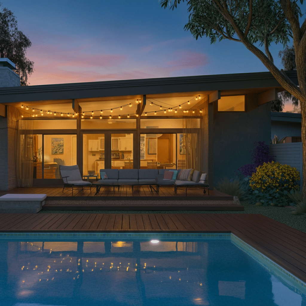 Photograph of a modern house at twilight, showcasing an illuminated patio with comfortable seating, a sparkling pool, and lush landscaping, evoking luxury and relaxation.